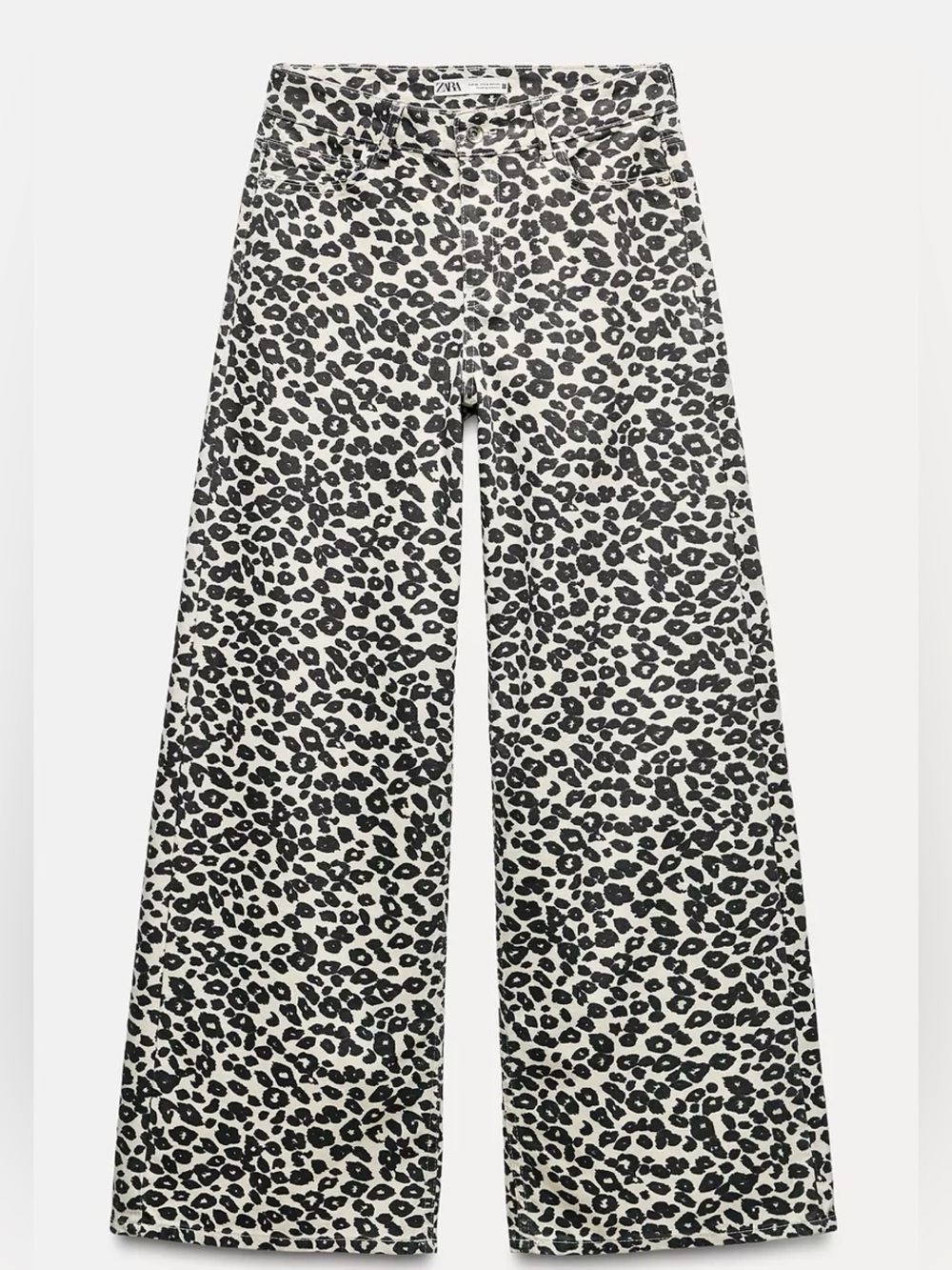 Zara Black & White Leopard-Print Wide Leg Jeans